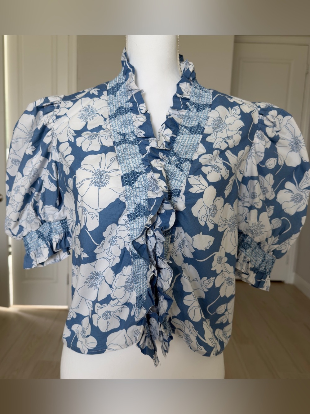 Blue and White Floral Ruffle Blouse